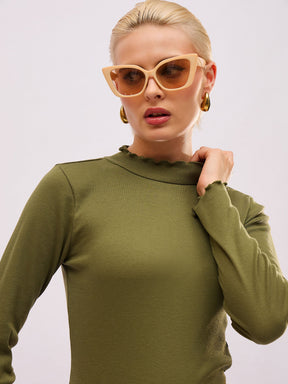 Olive Rib High Neck Full Sleeve Top -SASSAFRAS