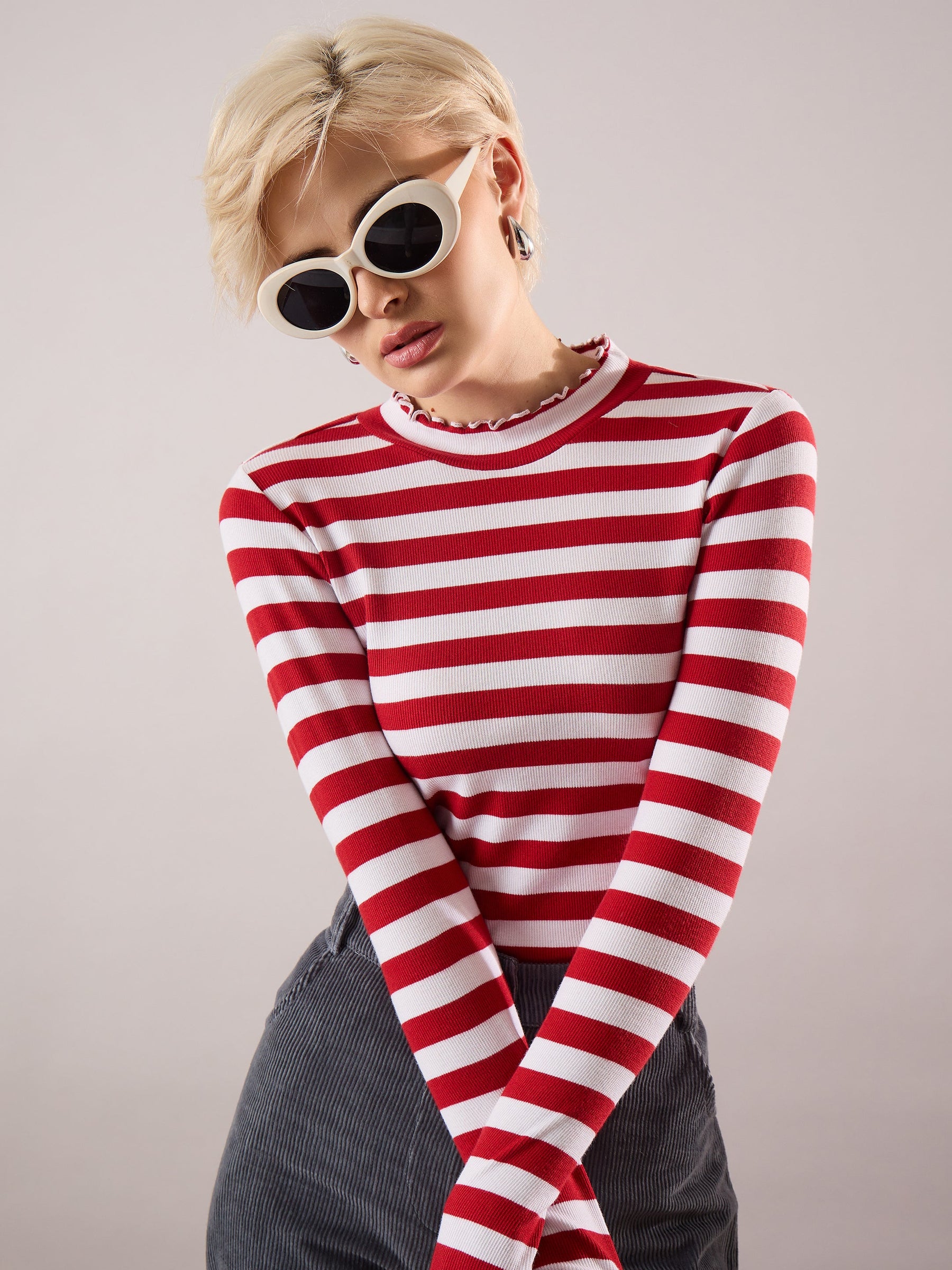 Red & White Rib High Neck Full Sleeve Top -SASSAFRAS