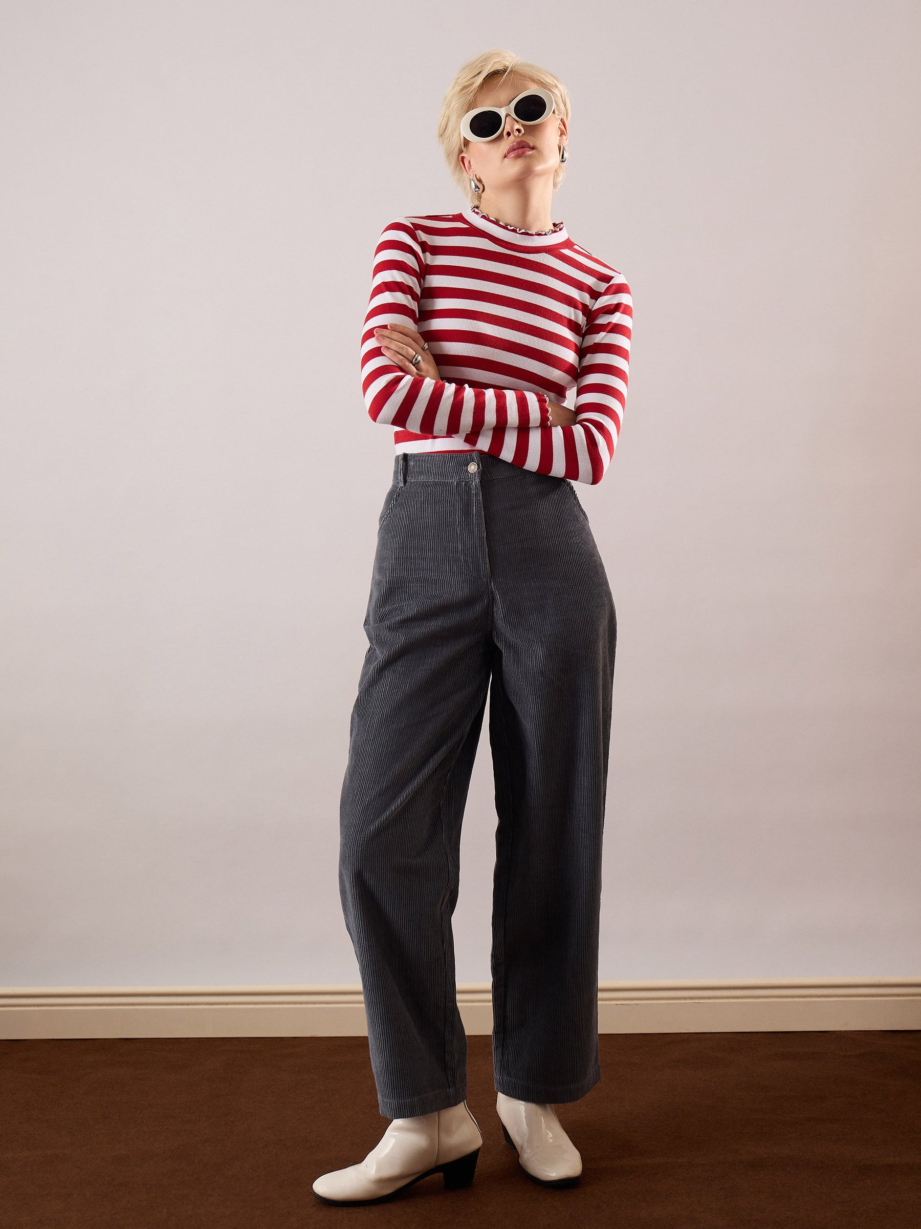 Red & White Rib High Neck Full Sleeve Top -SASSAFRAS