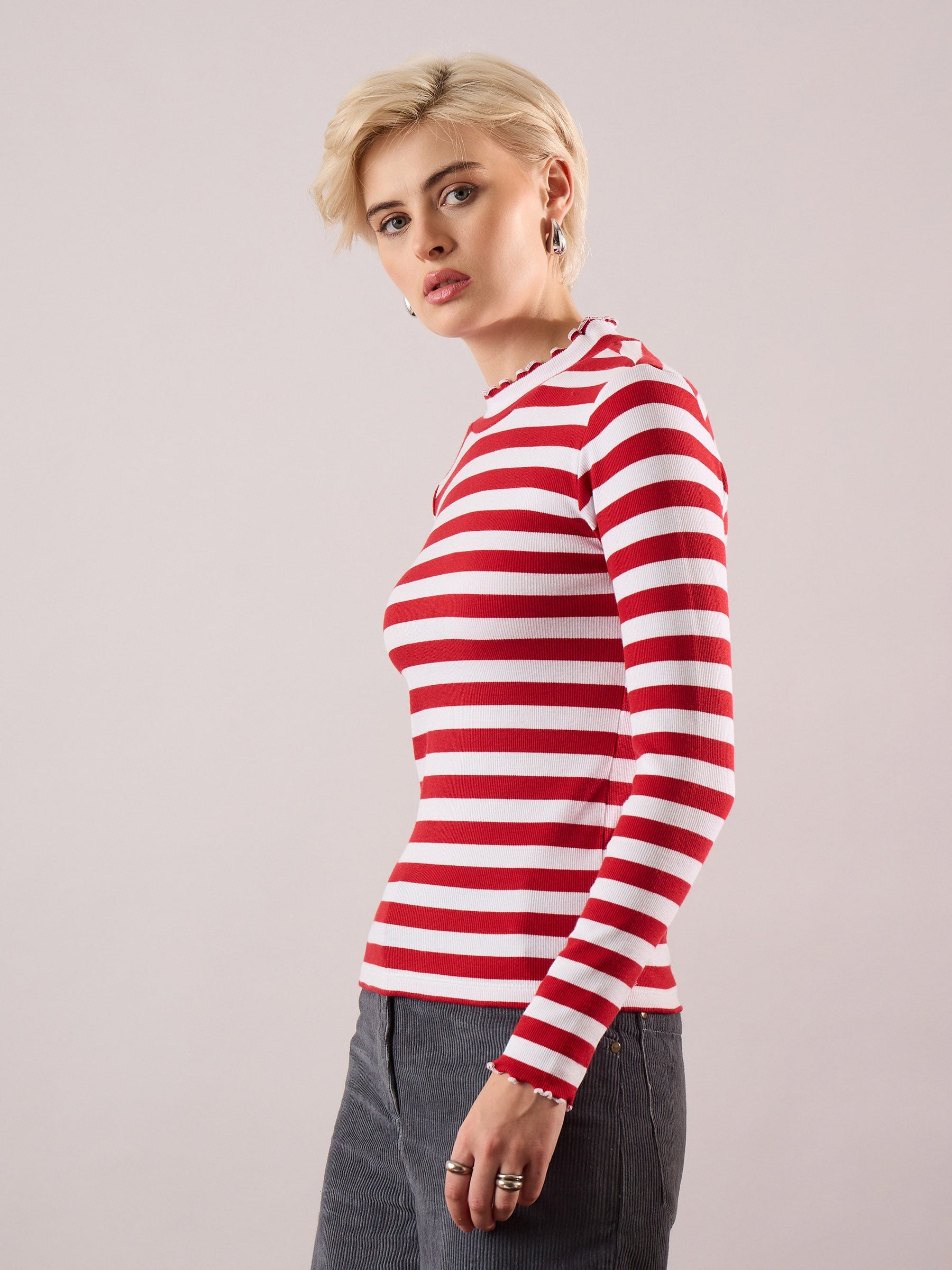 Red & White Rib High Neck Full Sleeve Top -SASSAFRAS