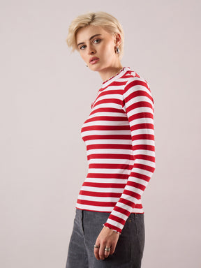 Red & White Rib High Neck Full Sleeve Top -SASSAFRAS