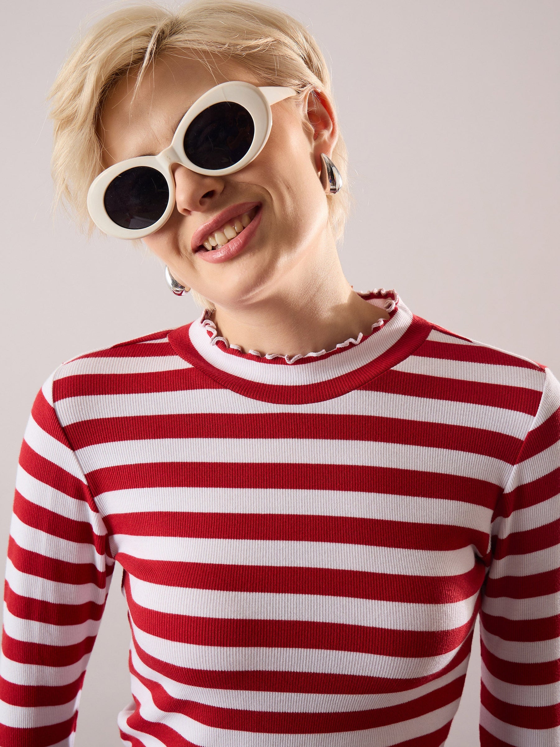Red & White Rib High Neck Full Sleeve Top -SASSAFRAS