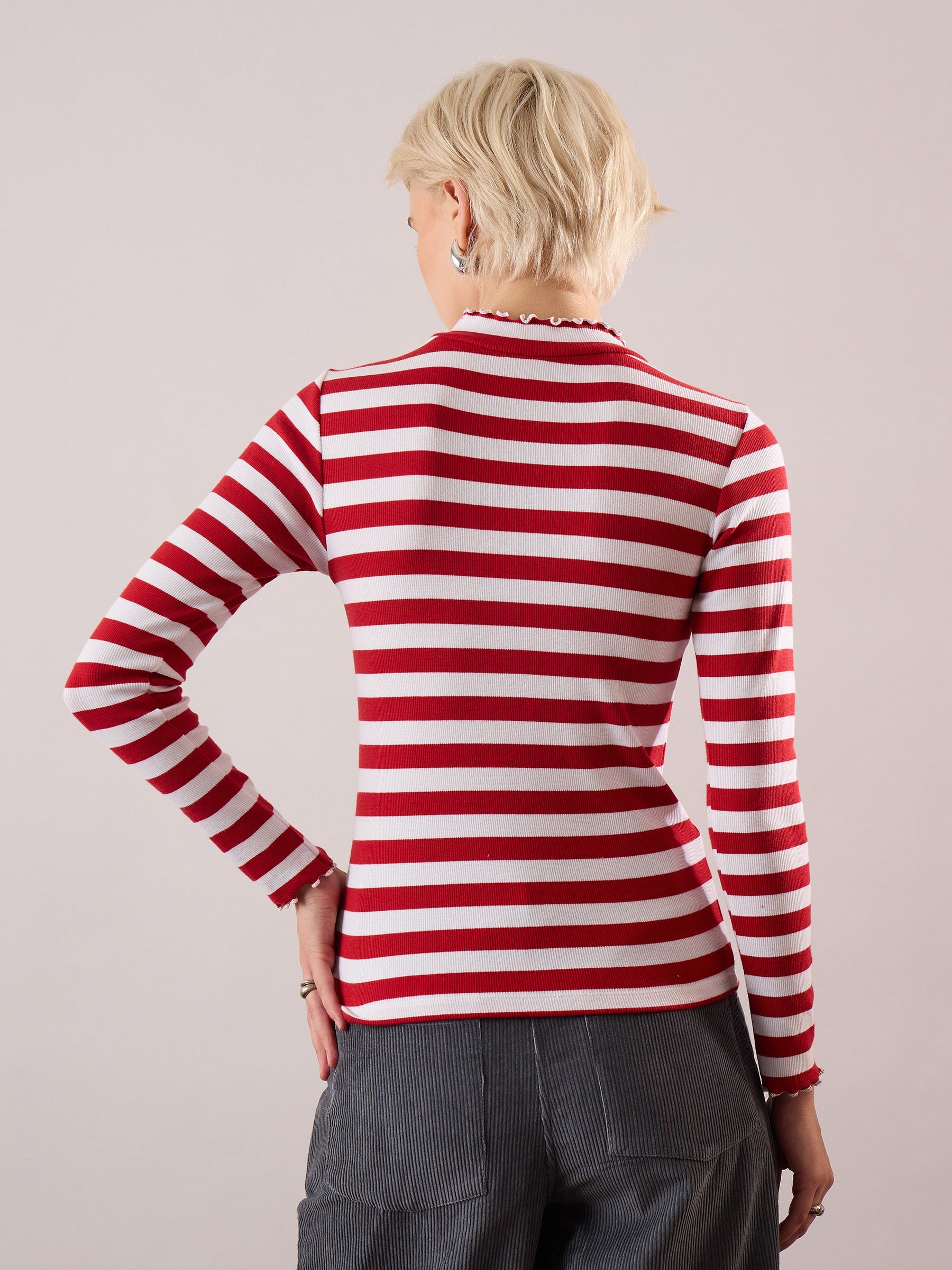 Red & White Rib High Neck Full Sleeve Top -SASSAFRAS
