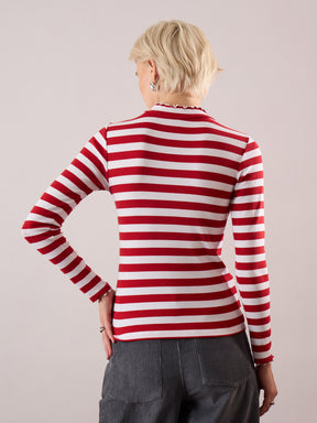 Red & White Rib High Neck Full Sleeve Top -SASSAFRAS