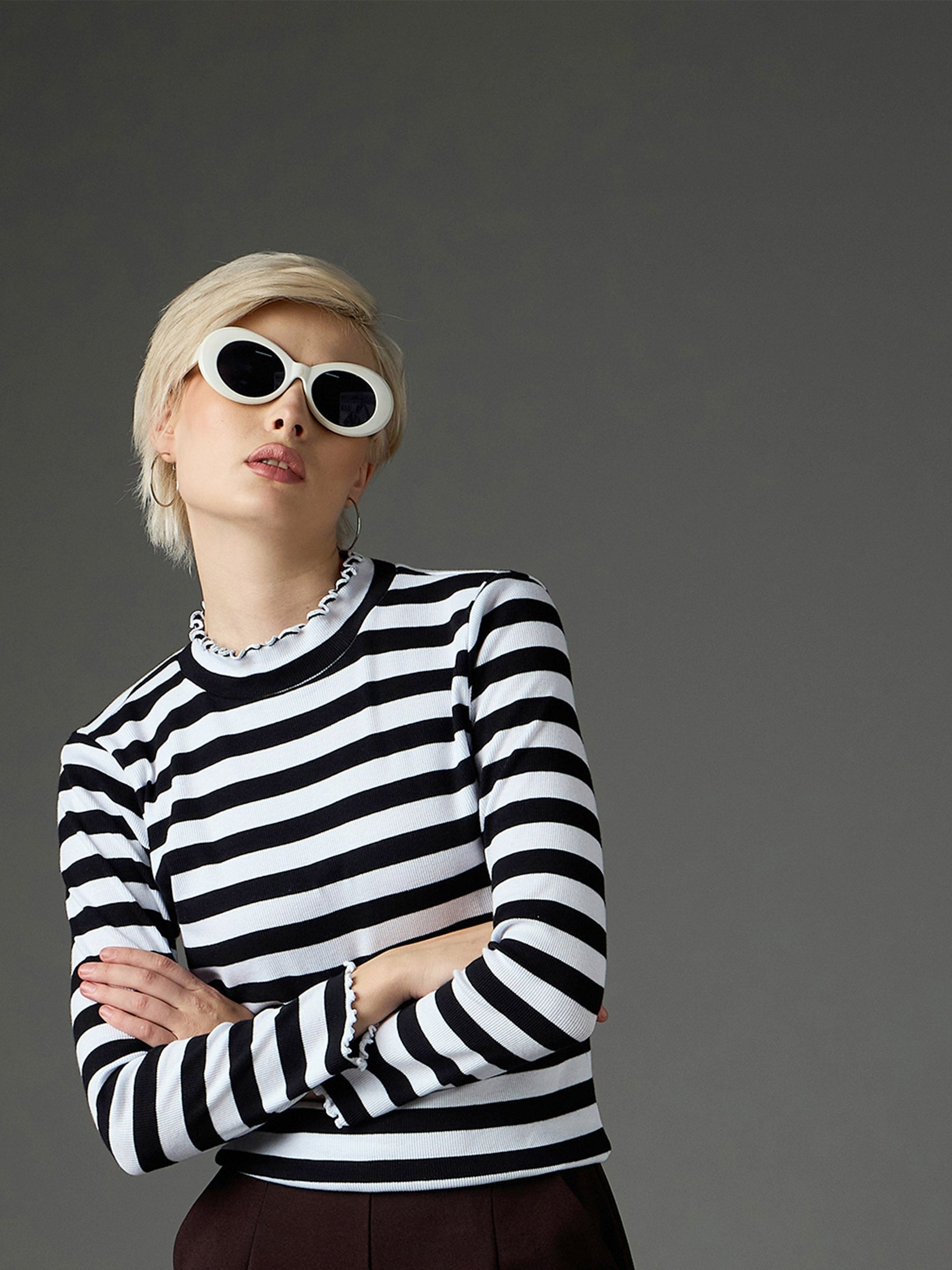 Black & White Rib High Neck Full Sleeve Top -SASSAFRAS