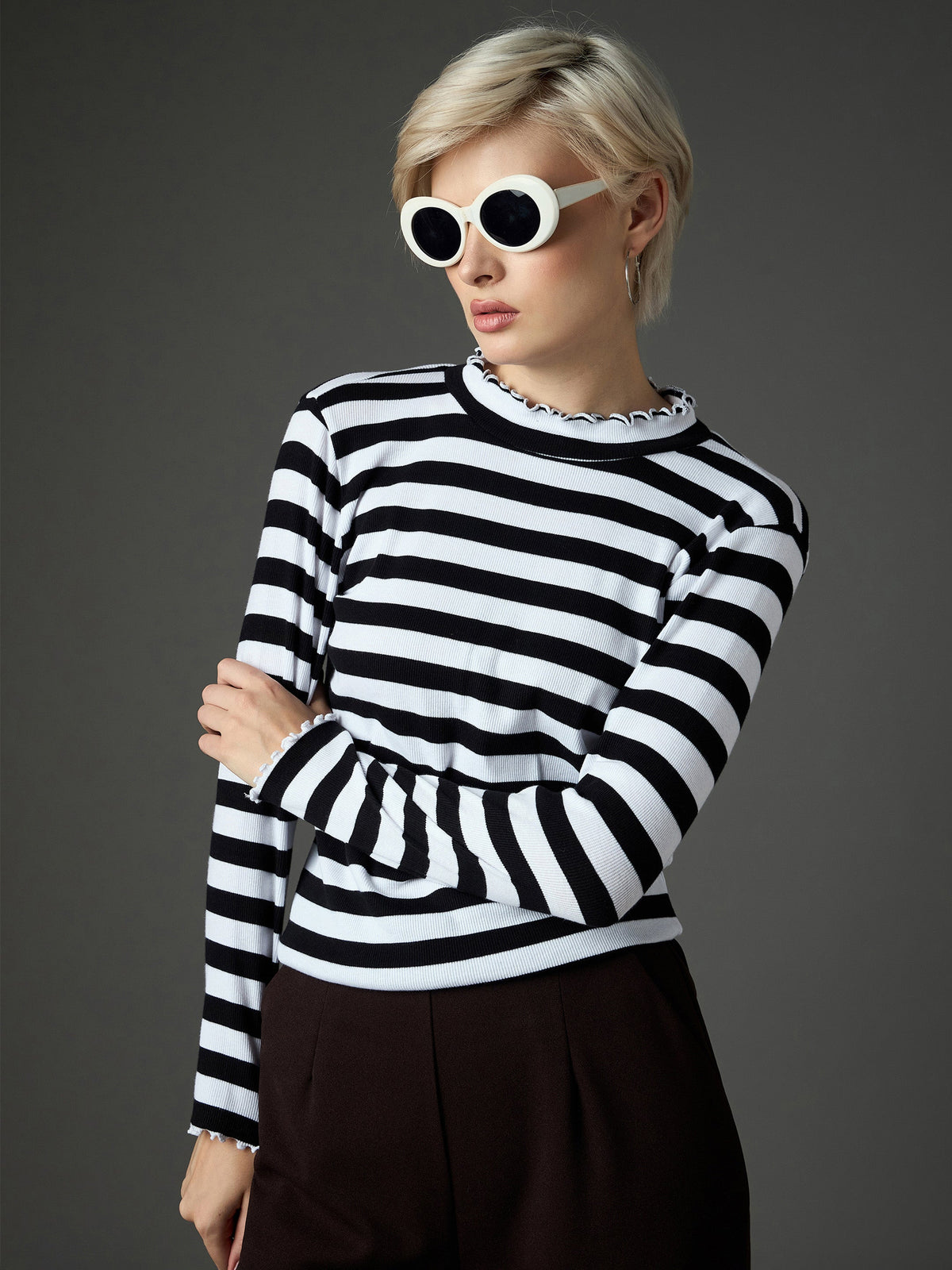 Black & White Rib High Neck Full Sleeve Top -SASSAFRAS