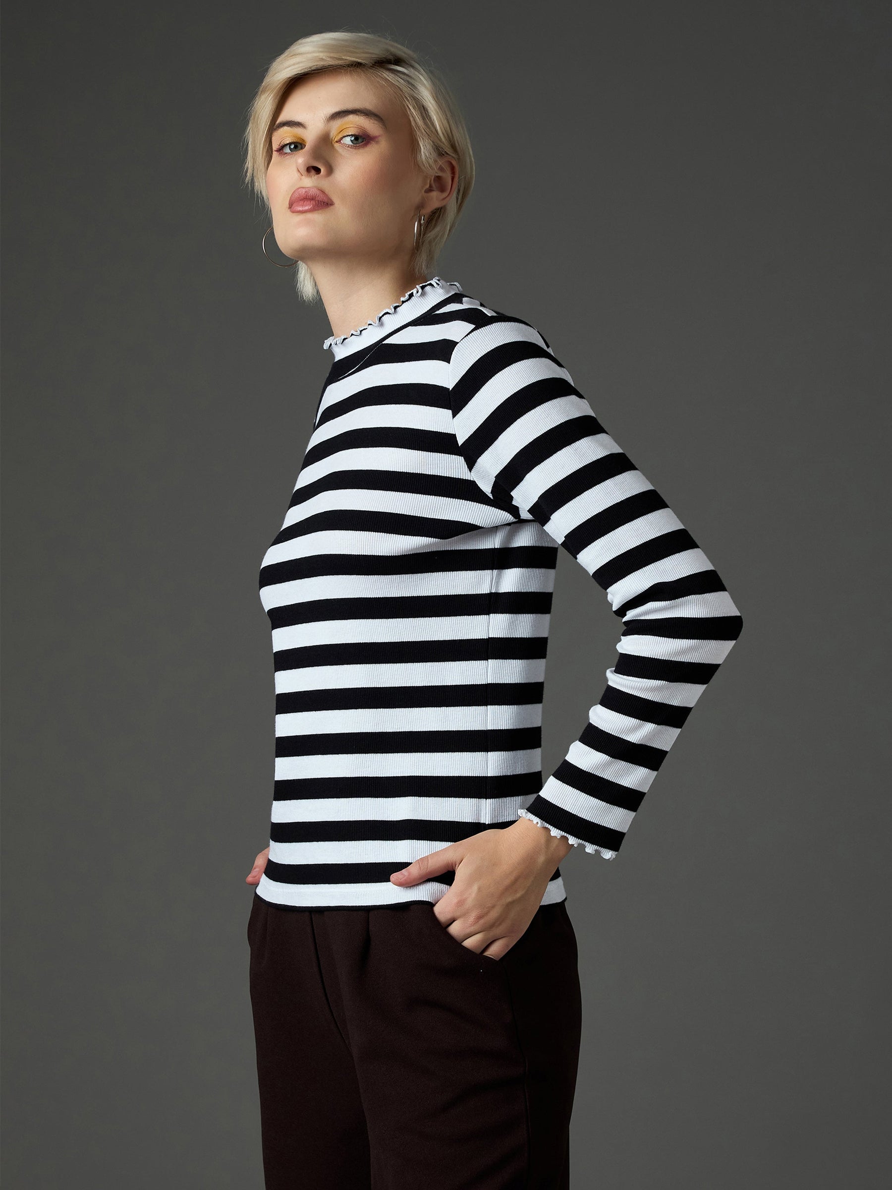 Black & White Rib High Neck Full Sleeve Top -SASSAFRAS