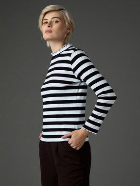 Black & White Rib High Neck Full Sleeve Top -SASSAFRAS