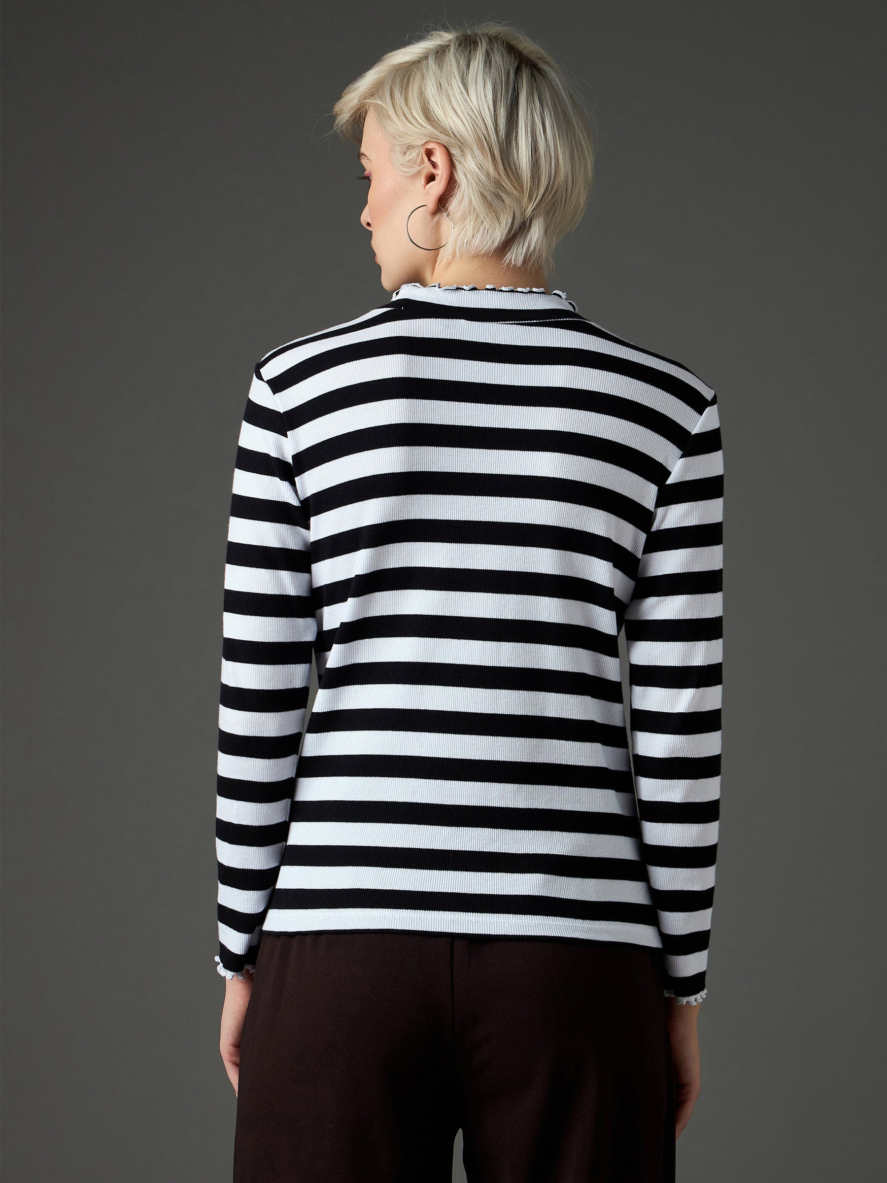 Black & White Rib High Neck Full Sleeve Top -SASSAFRAS