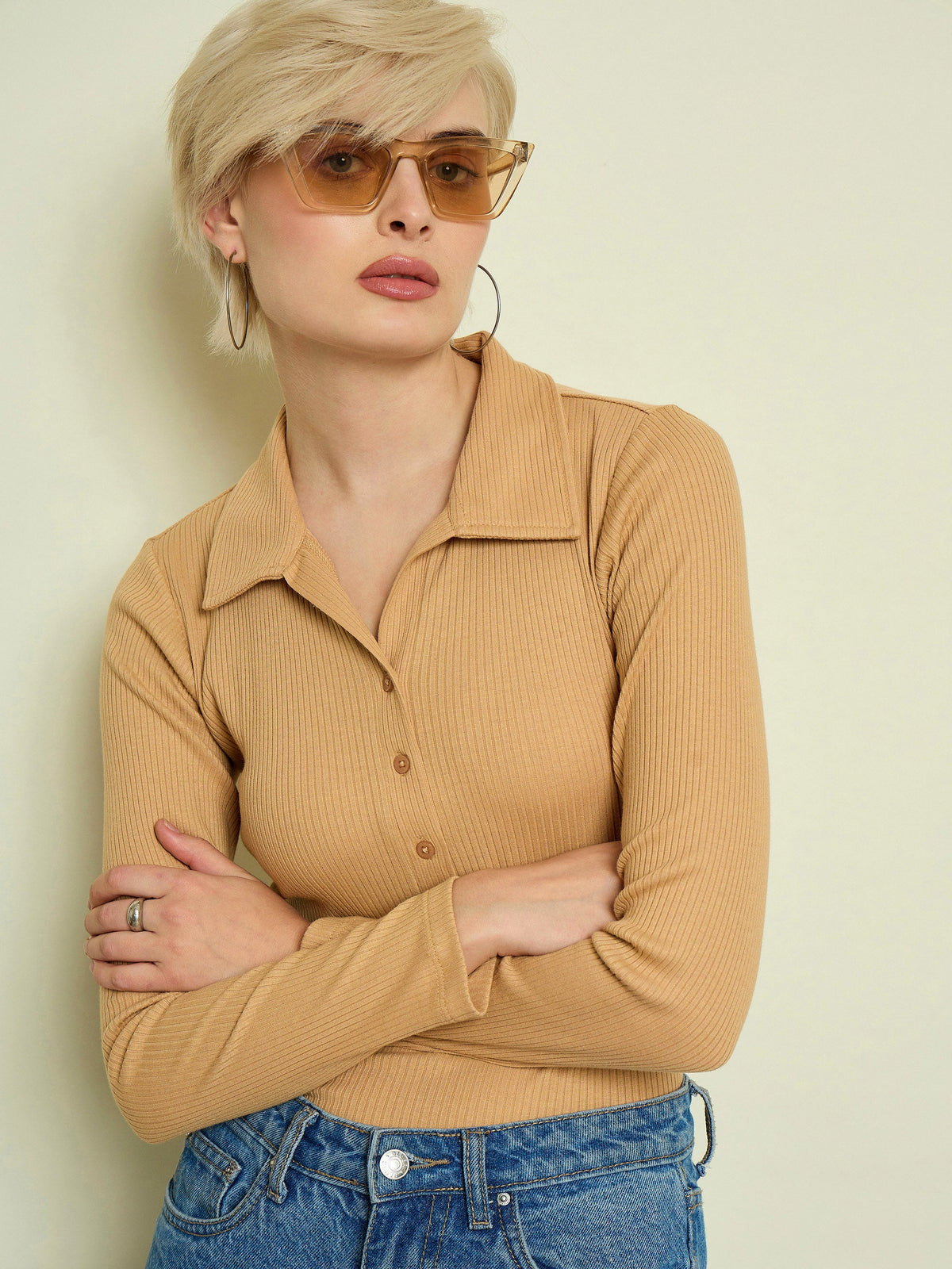 Tan Rib Polo Neck Full Sleeves Top-SASSAFRAS