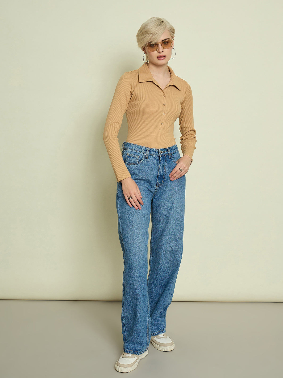Tan Rib Polo Neck Full Sleeves Top-SASSAFRAS