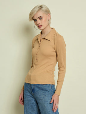 Tan Rib Polo Neck Full Sleeves Top-SASSAFRAS