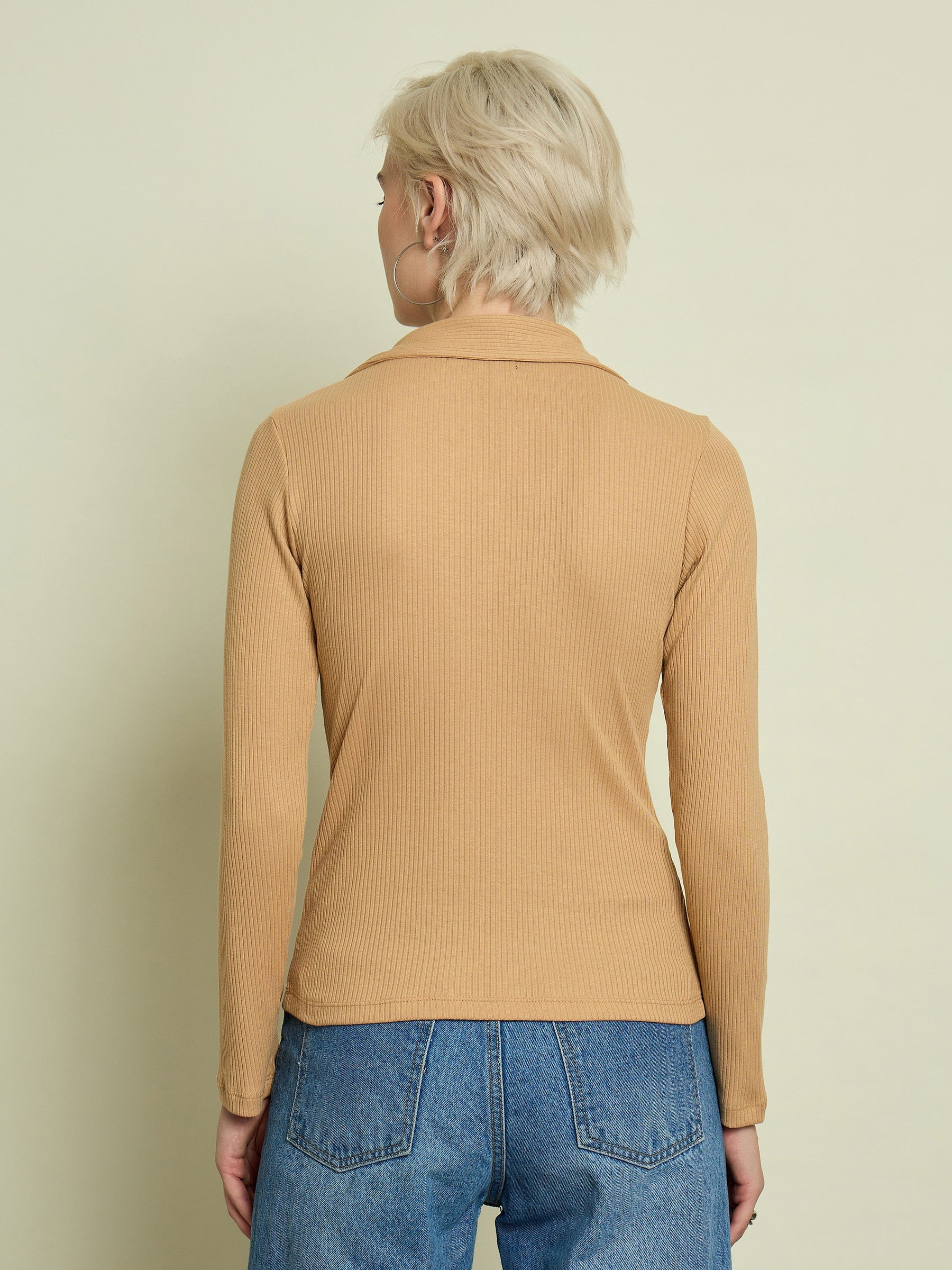 Tan Rib Polo Neck Full Sleeves Top-SASSAFRAS