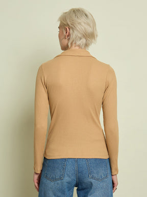 Tan Rib Polo Neck Full Sleeves Top-SASSAFRAS