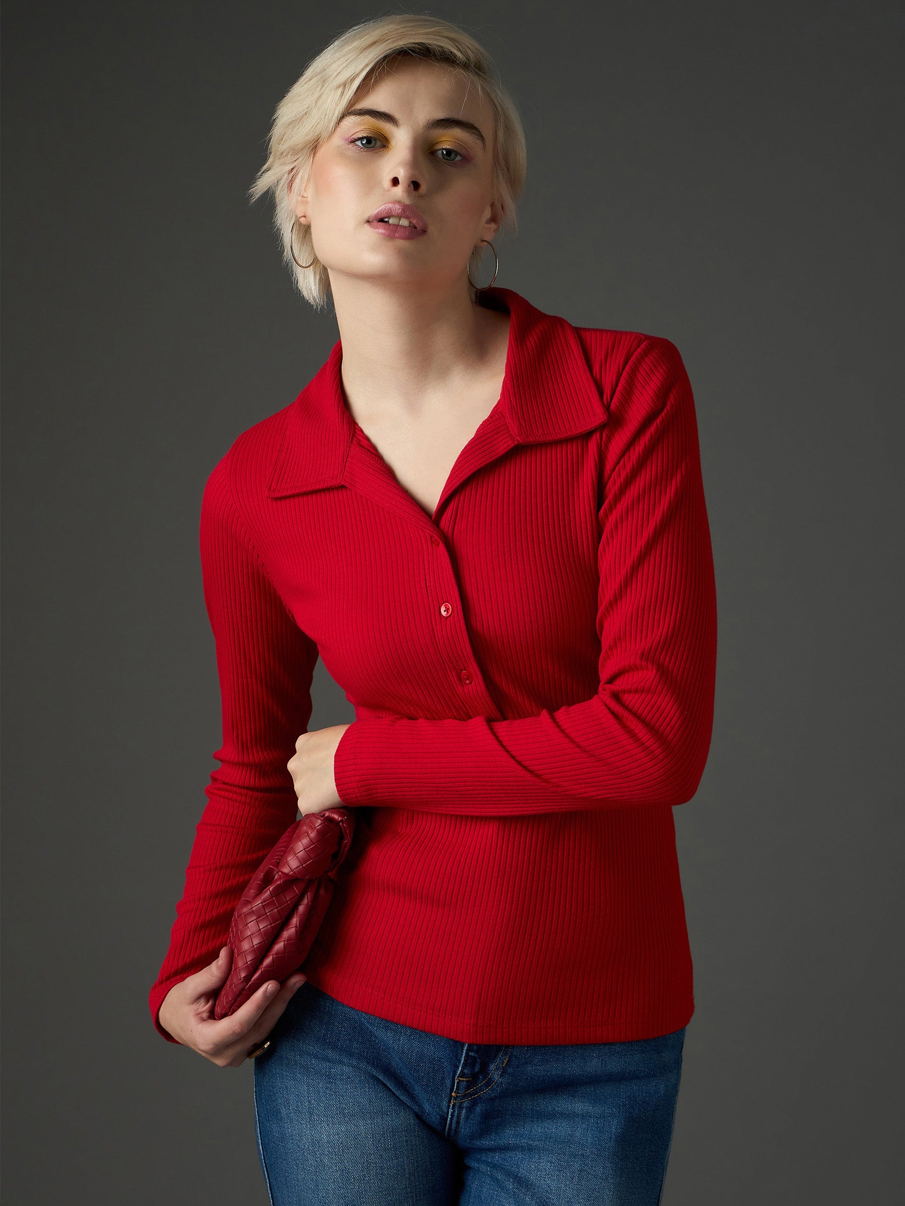 Red Rib Polo Neck Full Sleeves Top-SASSAFRAS