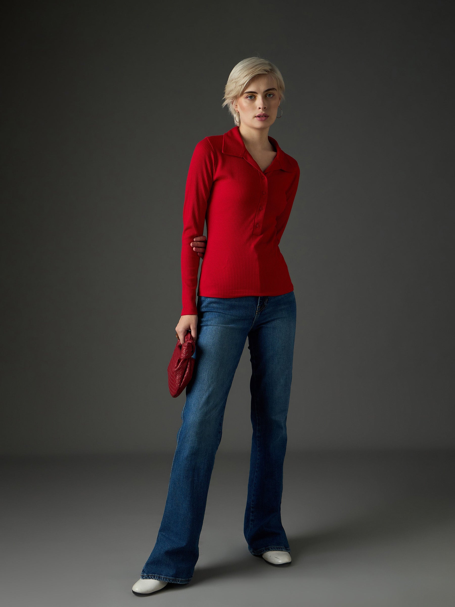 Red Rib Polo Neck Full Sleeves Top-SASSAFRAS