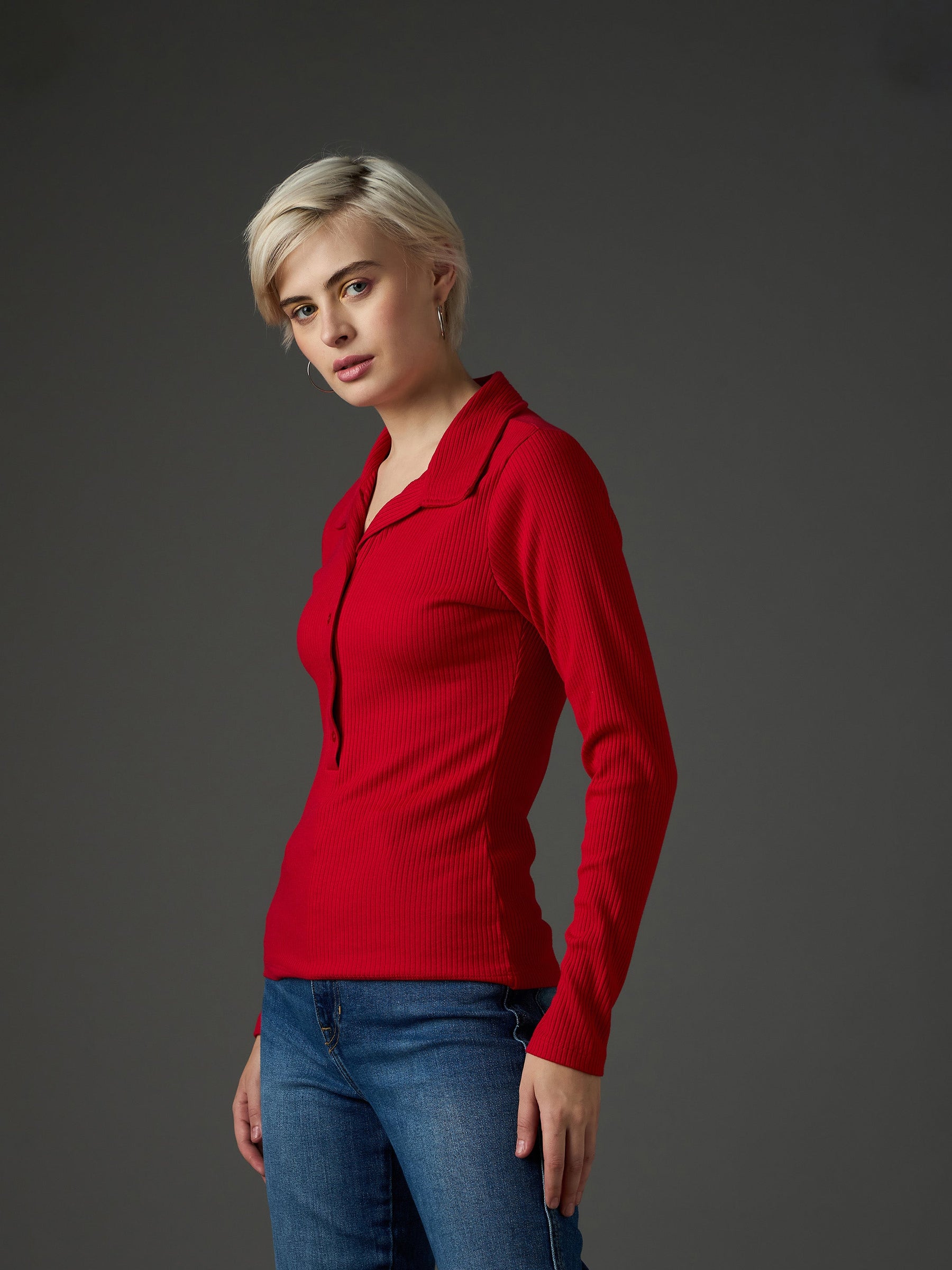 Red Rib Polo Neck Full Sleeves Top-SASSAFRAS