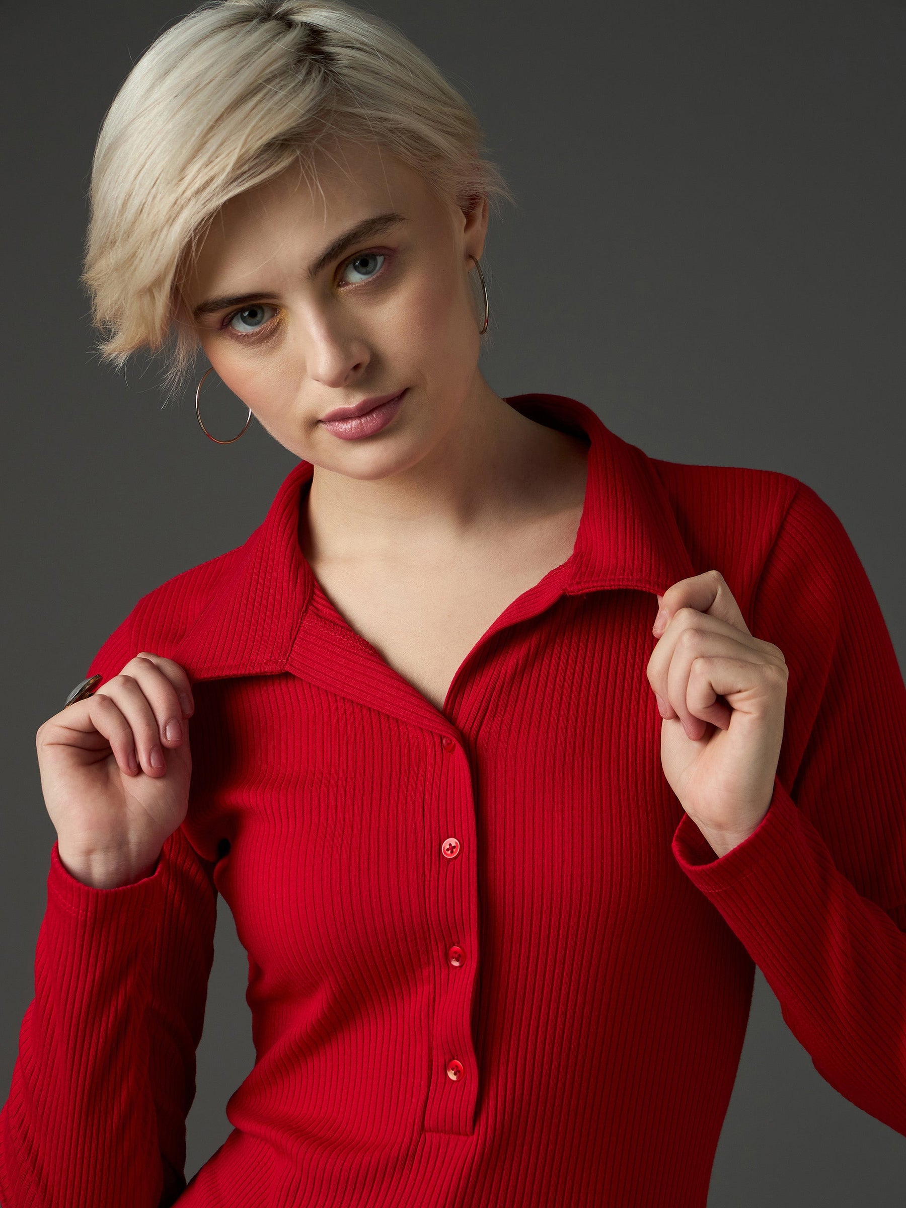 Red Rib Polo Neck Full Sleeves Top-SASSAFRAS