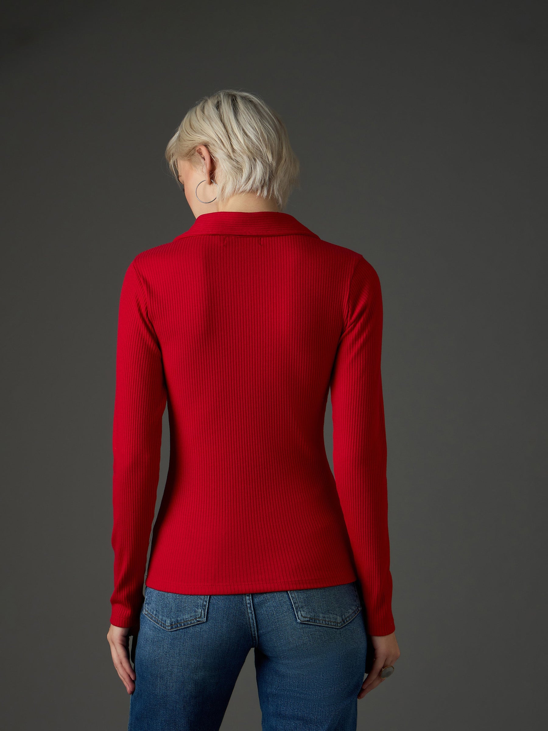 Red Rib Polo Neck Full Sleeves Top-SASSAFRAS