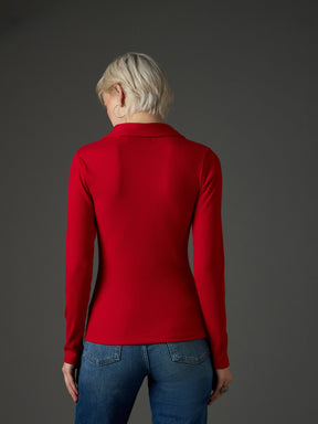 Red Rib Polo Neck Full Sleeves Top-SASSAFRAS