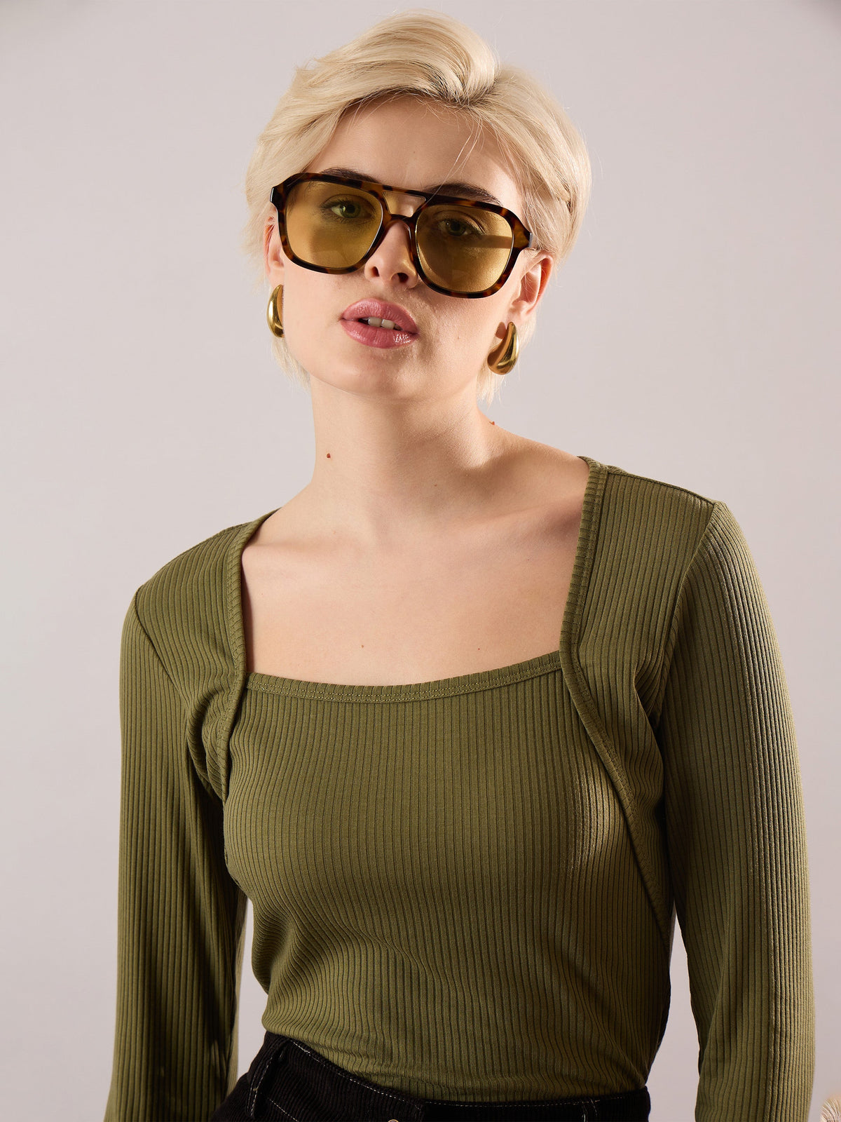 Olive Rib Square Neck Full Sleeves Top-SASSAFRAS