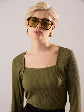 Olive Rib Square Neck Full Sleeves Top-SASSAFRAS