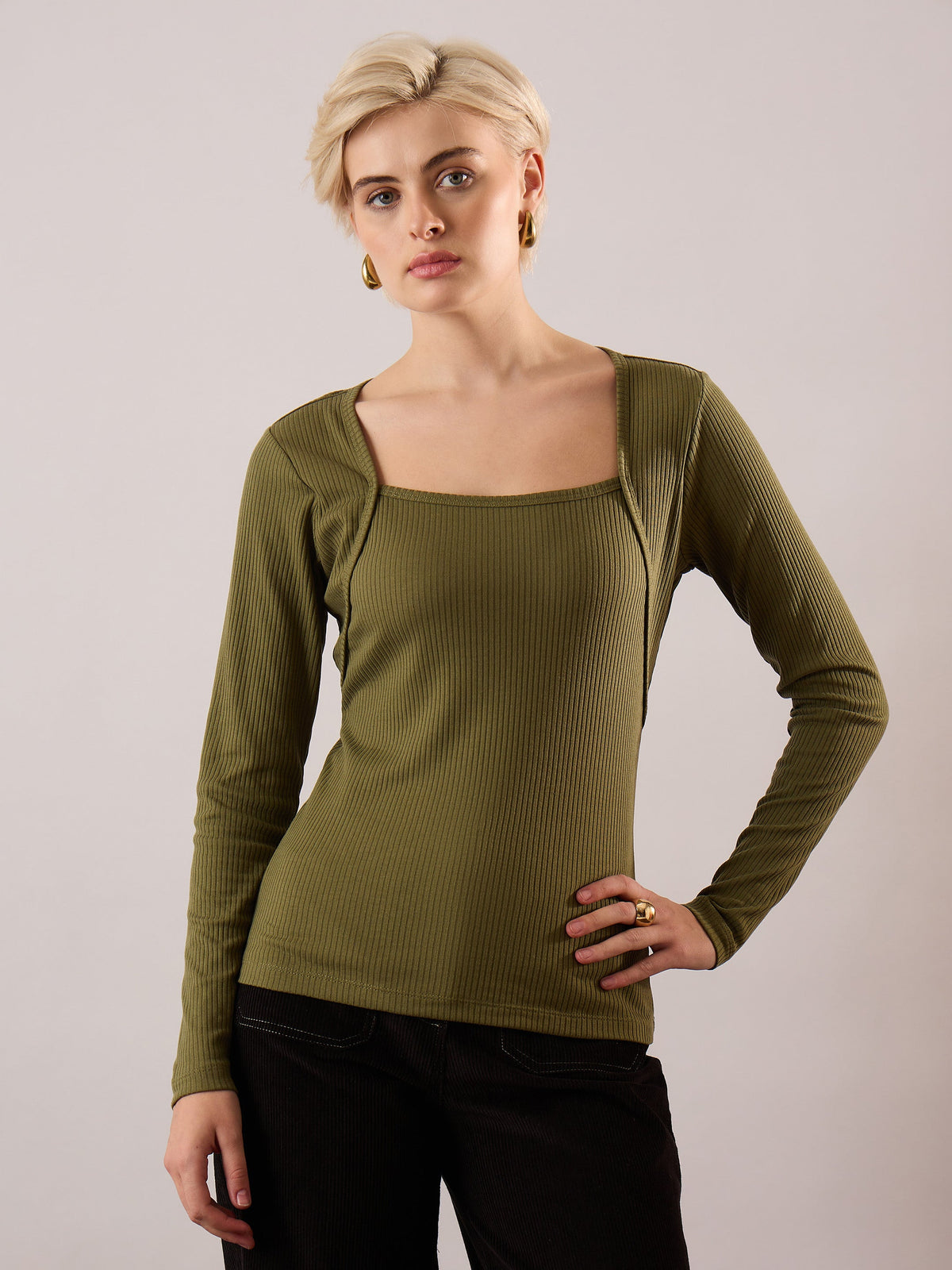 Olive Rib Square Neck Full Sleeves Top-SASSAFRAS