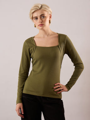 Olive Rib Square Neck Full Sleeves Top-SASSAFRAS