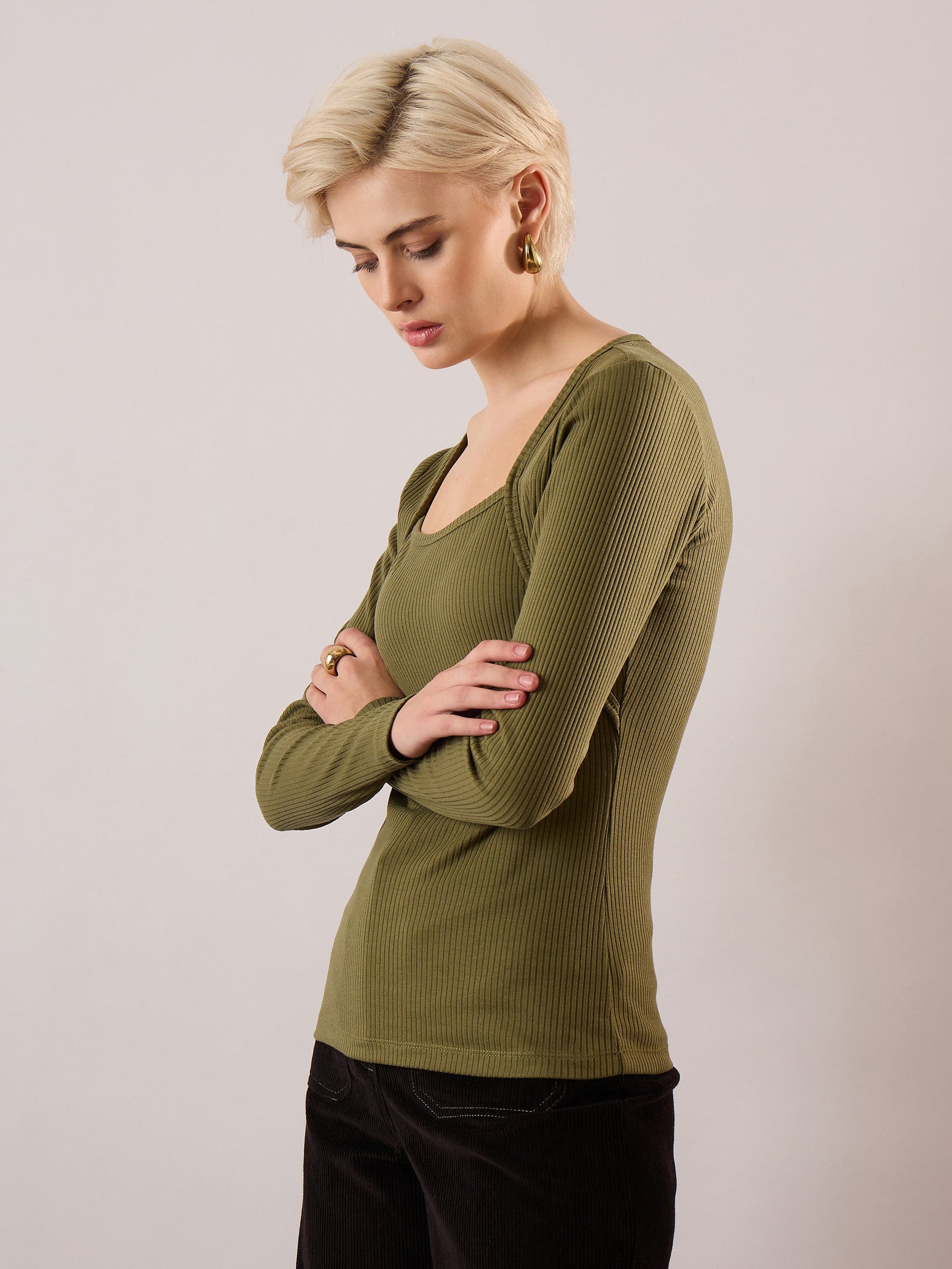 Olive Rib Square Neck Full Sleeves Top-SASSAFRAS