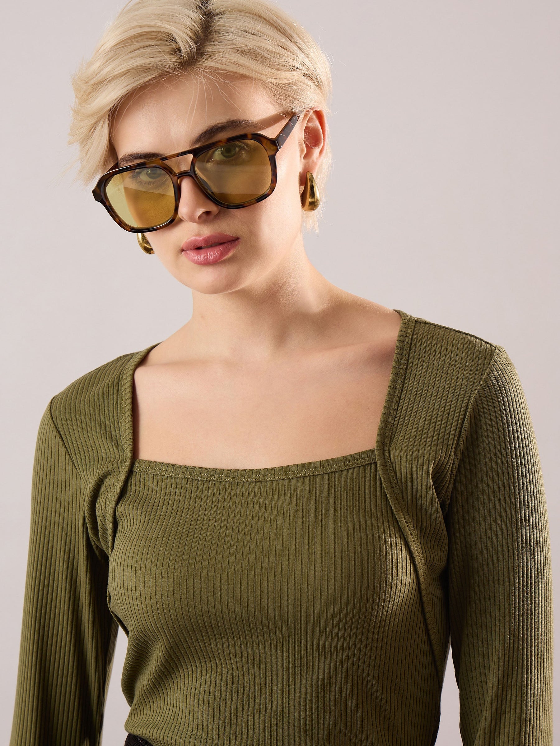 Olive Rib Square Neck Full Sleeves Top-SASSAFRAS