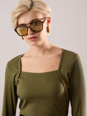 Olive Rib Square Neck Full Sleeves Top-SASSAFRAS