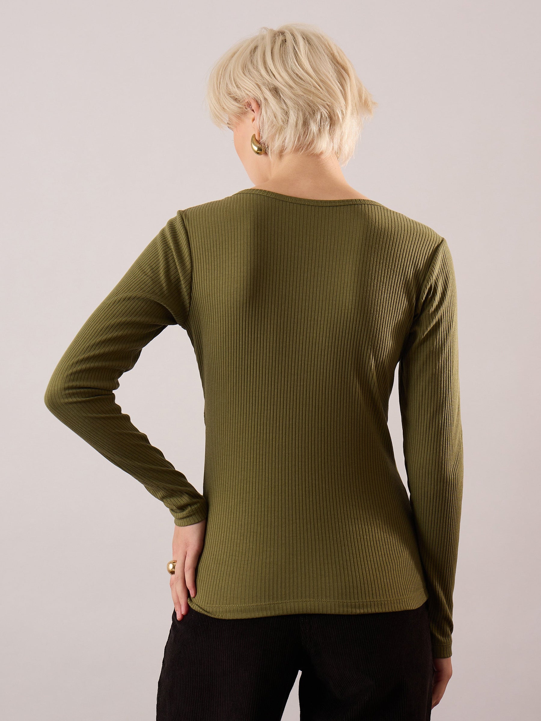 Olive Rib Square Neck Full Sleeves Top-SASSAFRAS
