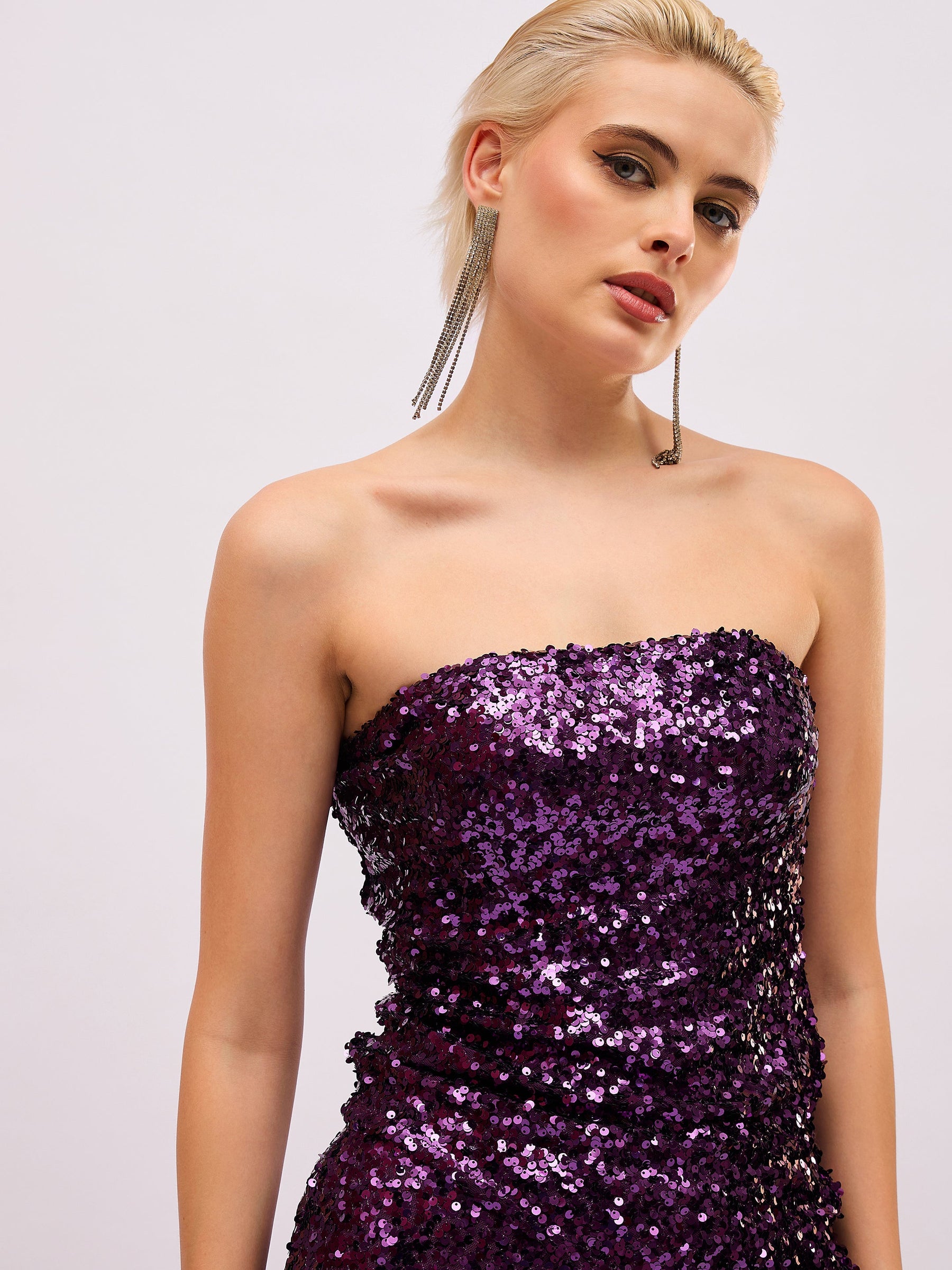 Purple Sequin Asymmetric Hem Tube Top-SASSAFRAS