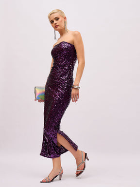 Purple Sequin Asymmetric Hem Tube Top-SASSAFRAS