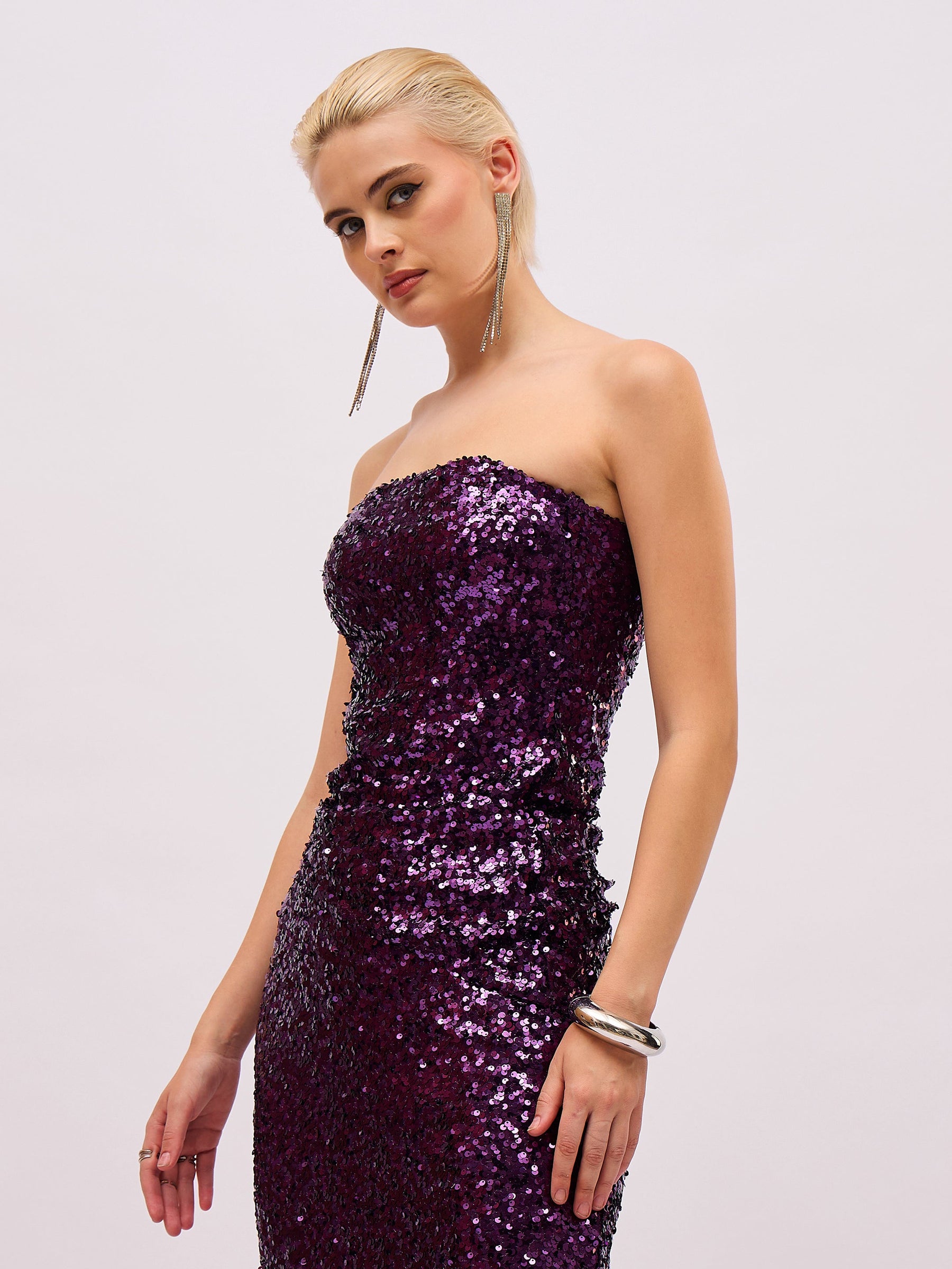Purple Sequin Asymmetric Hem Tube Top-SASSAFRAS