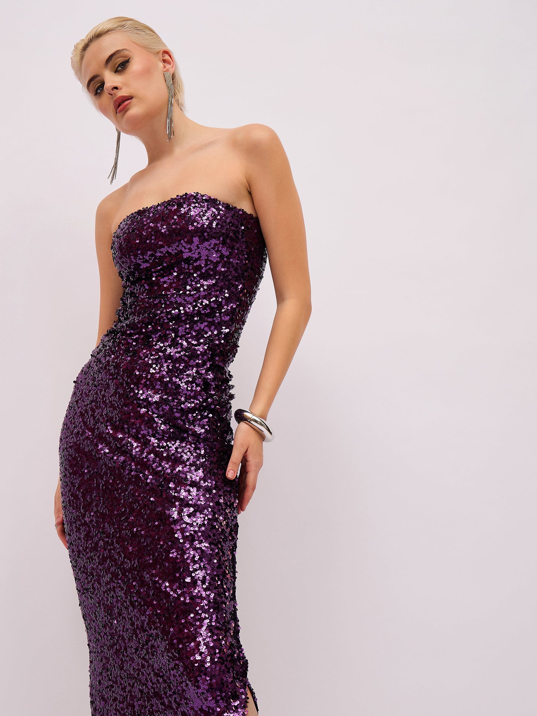 Purple Sequin Asymmetric Hem Tube Top-SASSAFRAS