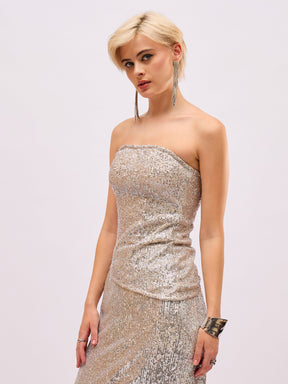 Silver Sequin Asymmetric Hem Tube Top-SASSAFRAS