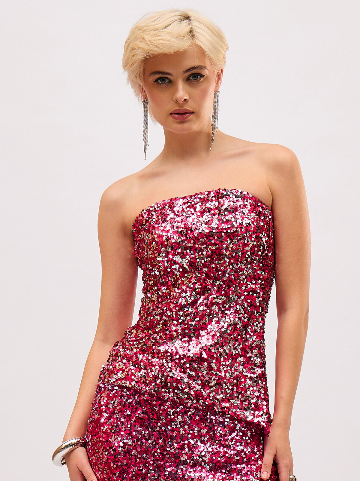 Pink Sequin Asymmetric Hem Tube Top-SASSAFRAS