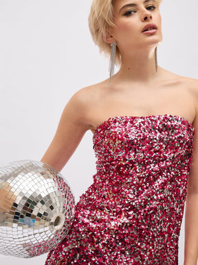 Pink Sequin Asymmetric Hem Tube Top-SASSAFRAS