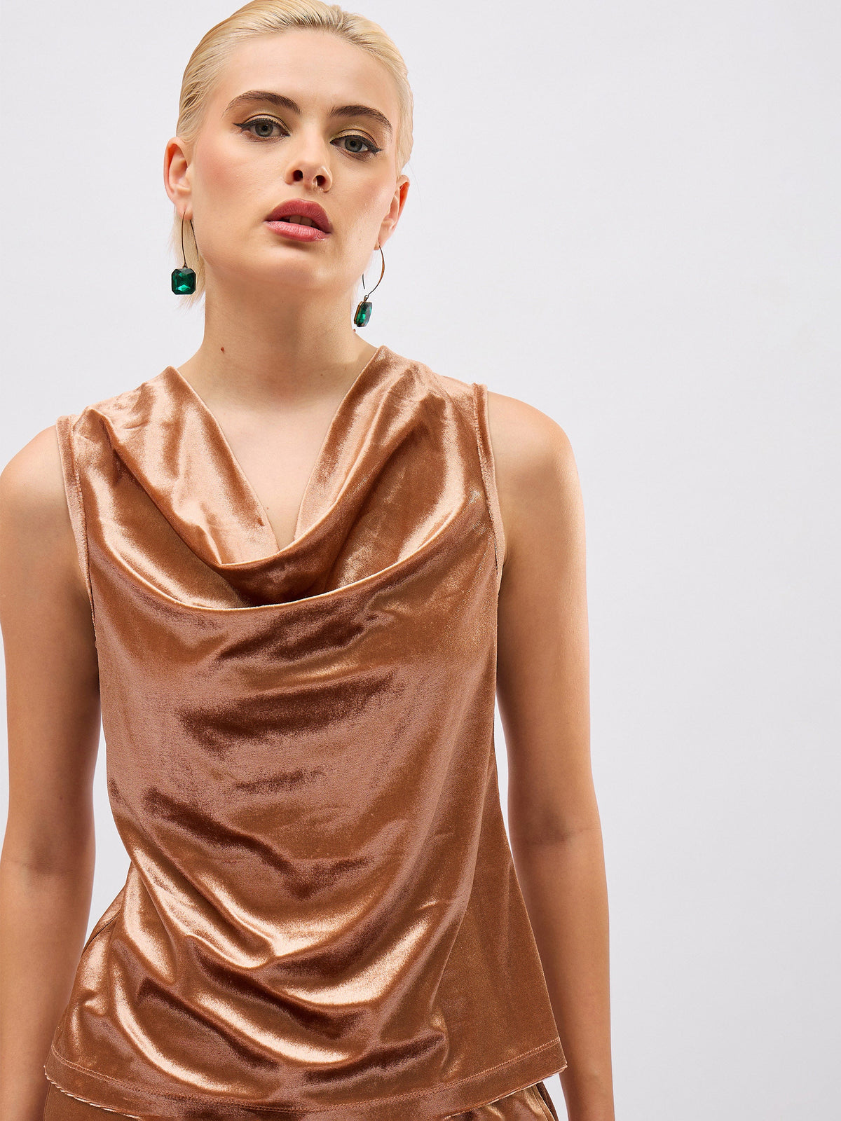 Beige Gold Velvet Cowl Neck Sleeveless Top-SASSAFRAS