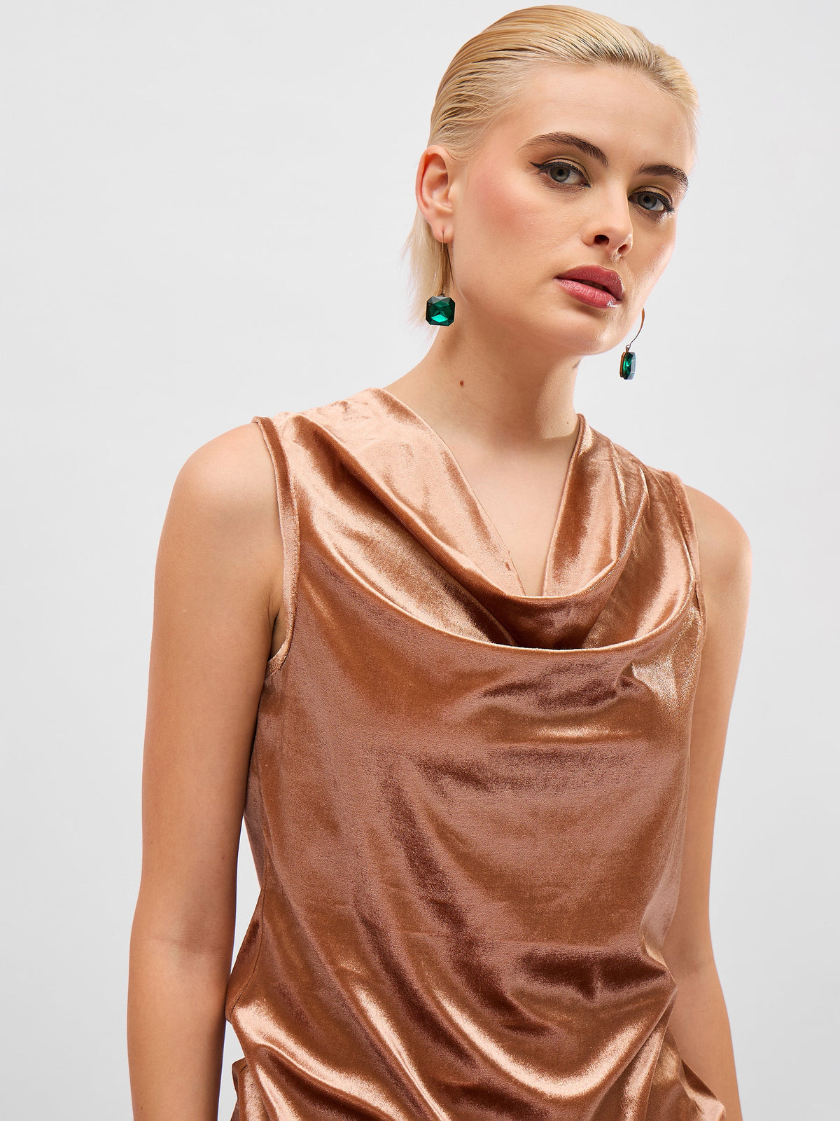 Beige Gold Velvet Cowl Neck Sleeveless Top-SASSAFRAS