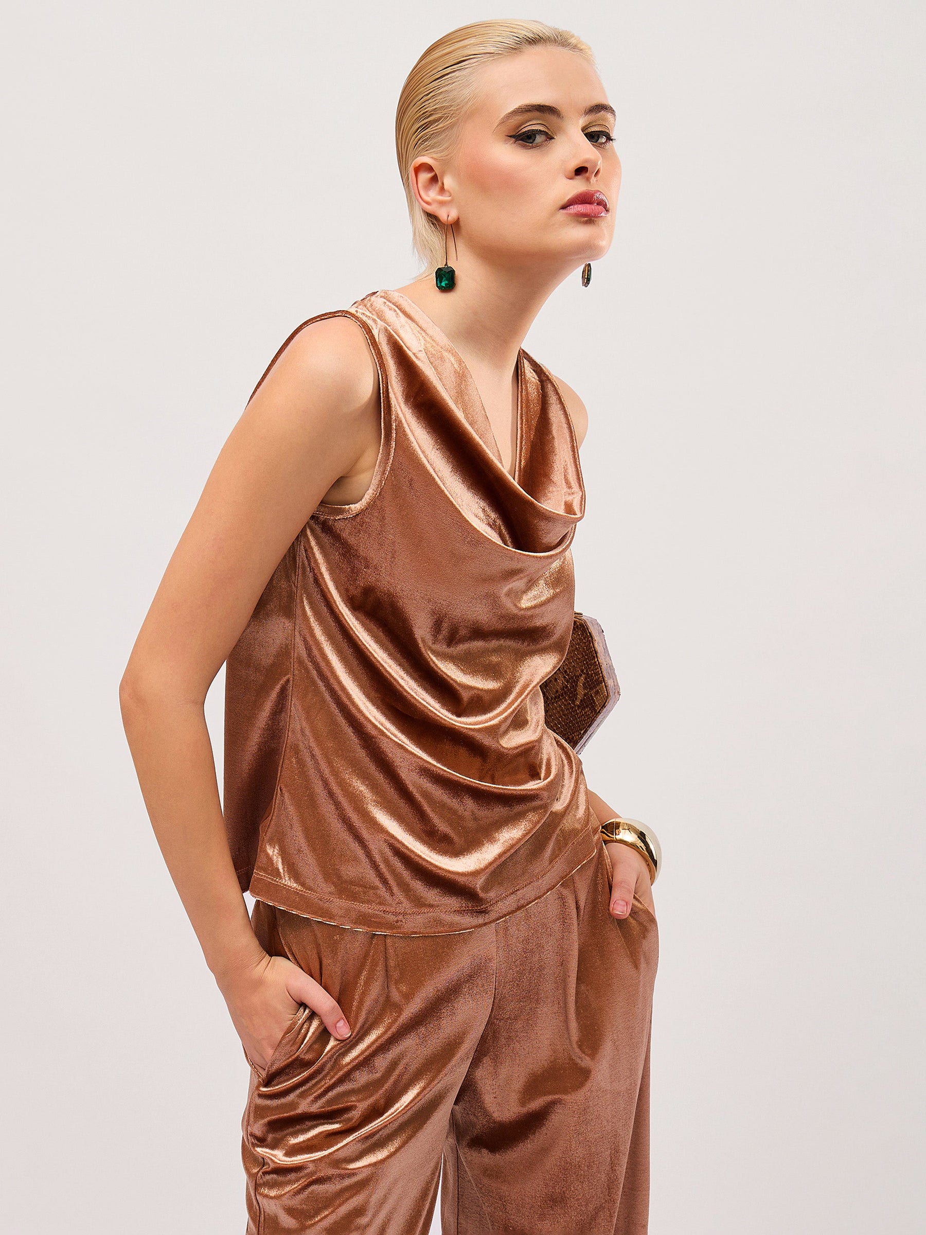 Beige Gold Velvet Cowl Neck Sleeveless Top-SASSAFRAS