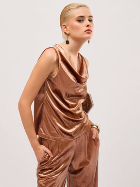 Beige Gold Velvet Cowl Neck Sleeveless Top-SASSAFRAS