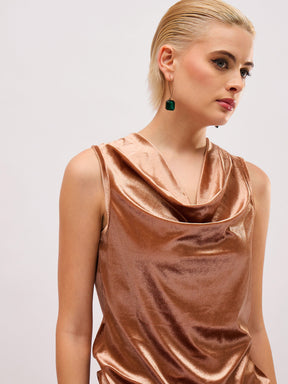 Beige Gold Velvet Cowl Neck Sleeveless Top-SASSAFRAS