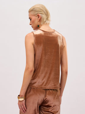Beige Gold Velvet Cowl Neck Sleeveless Top-SASSAFRAS