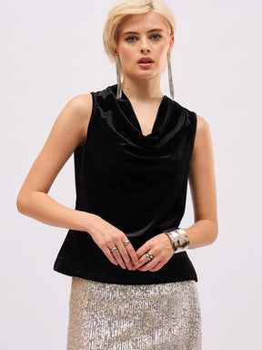 Black Velvet Cowl Neck Sleeveless Top-SASSAFRAS