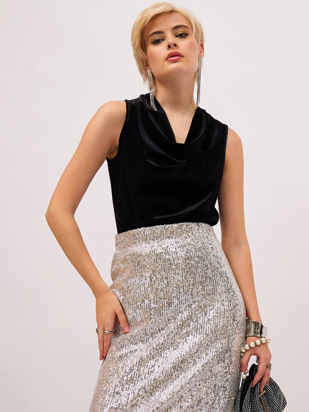 Black Velvet Cowl Neck Sleeveless Top-SASSAFRAS