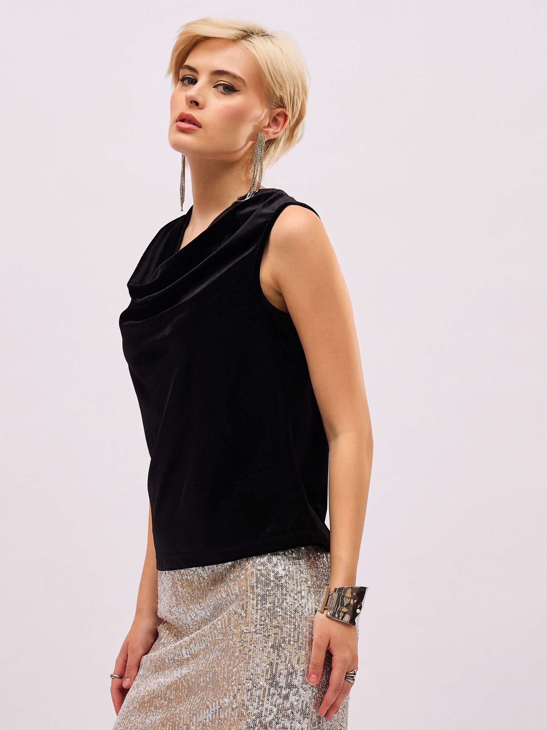 Black Velvet Cowl Neck Sleeveless Top-SASSAFRAS