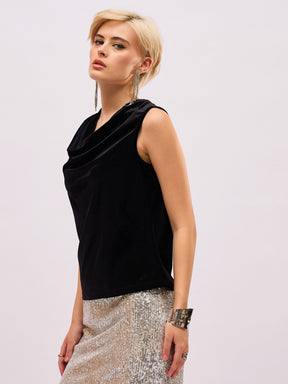 Black Velvet Cowl Neck Sleeveless Top-SASSAFRAS