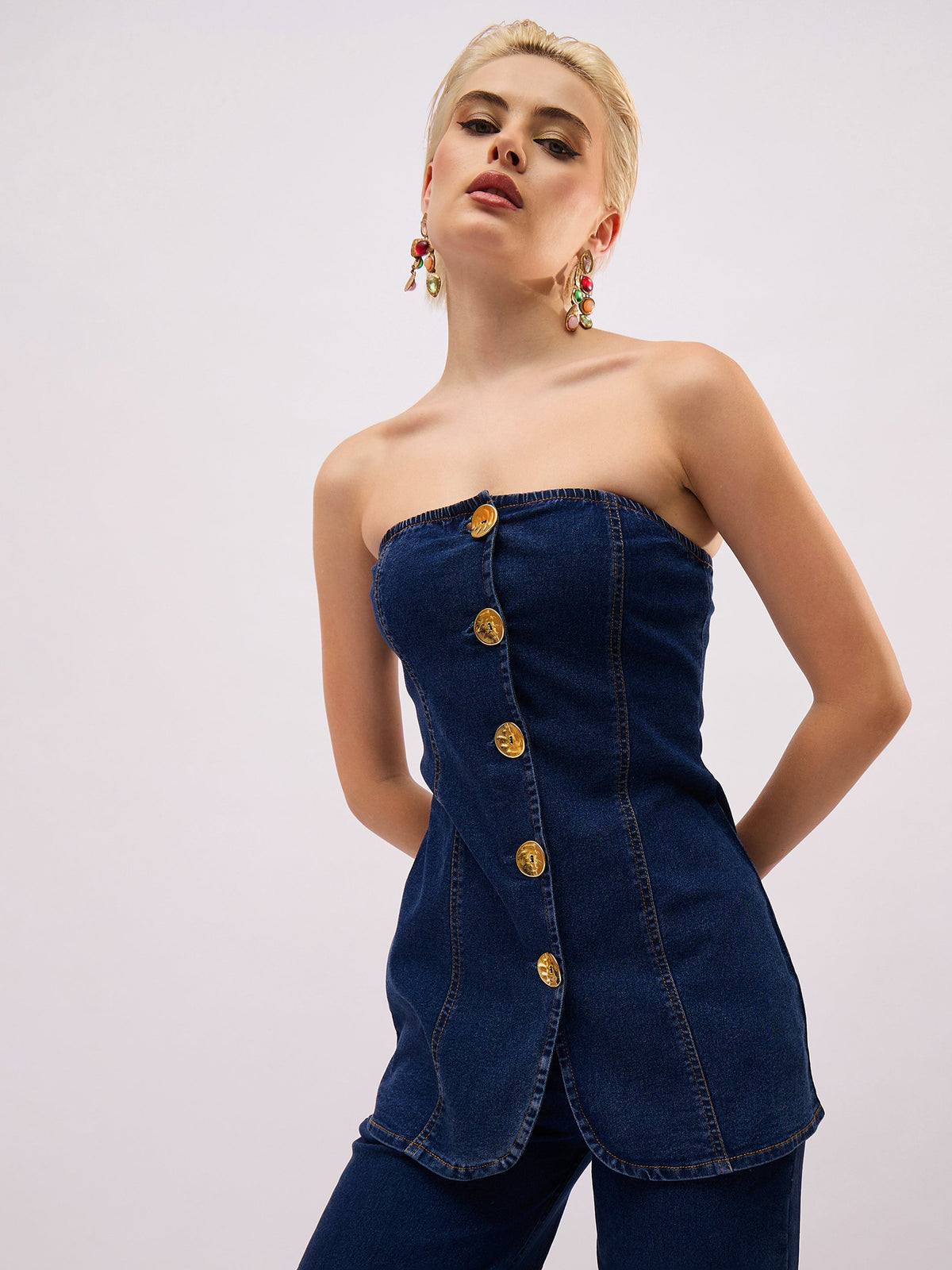 Navy Blue Denim Button Down Tube Top-SASSAFRAS